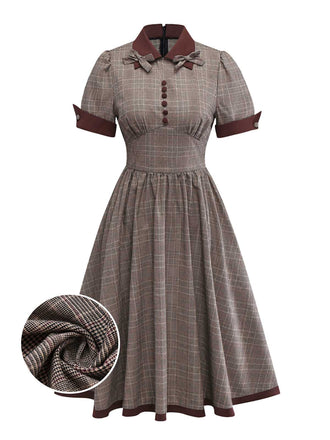 Braun 1950er Revers Plaid Bogen Kleid