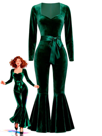 Grün 1970er Herzförmiger Ausgestelltes Bein Samt Jumpsuit