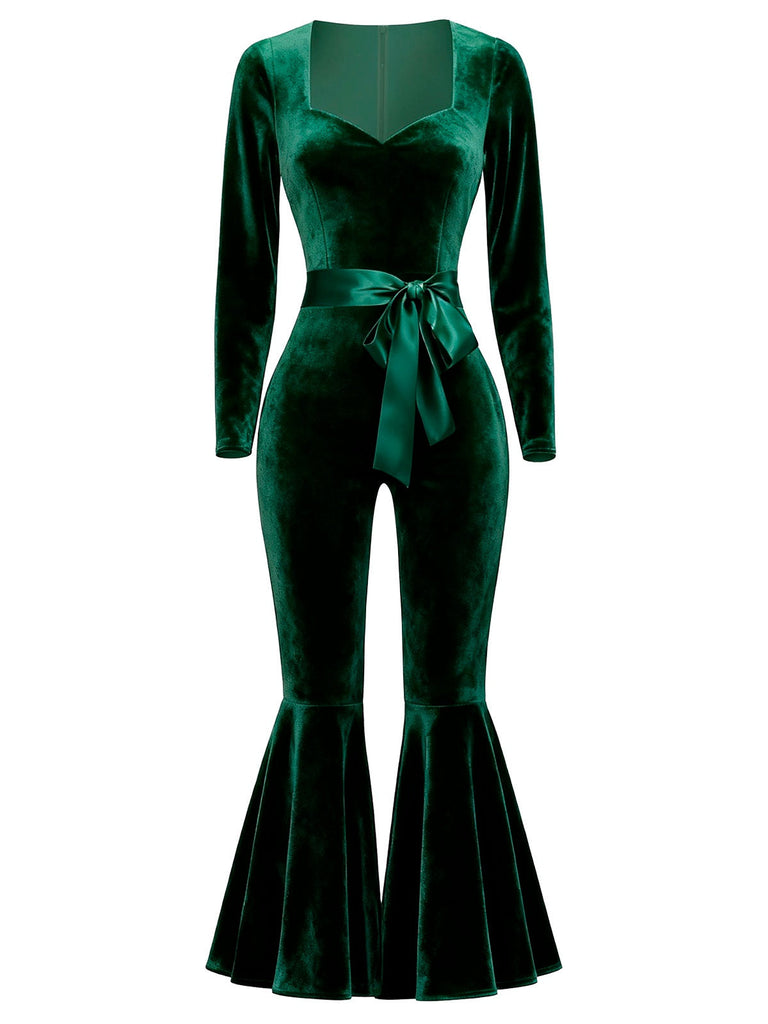 Rot 1970er Herzförmiger Ausgestelltes Bein Samt Jumpsuit