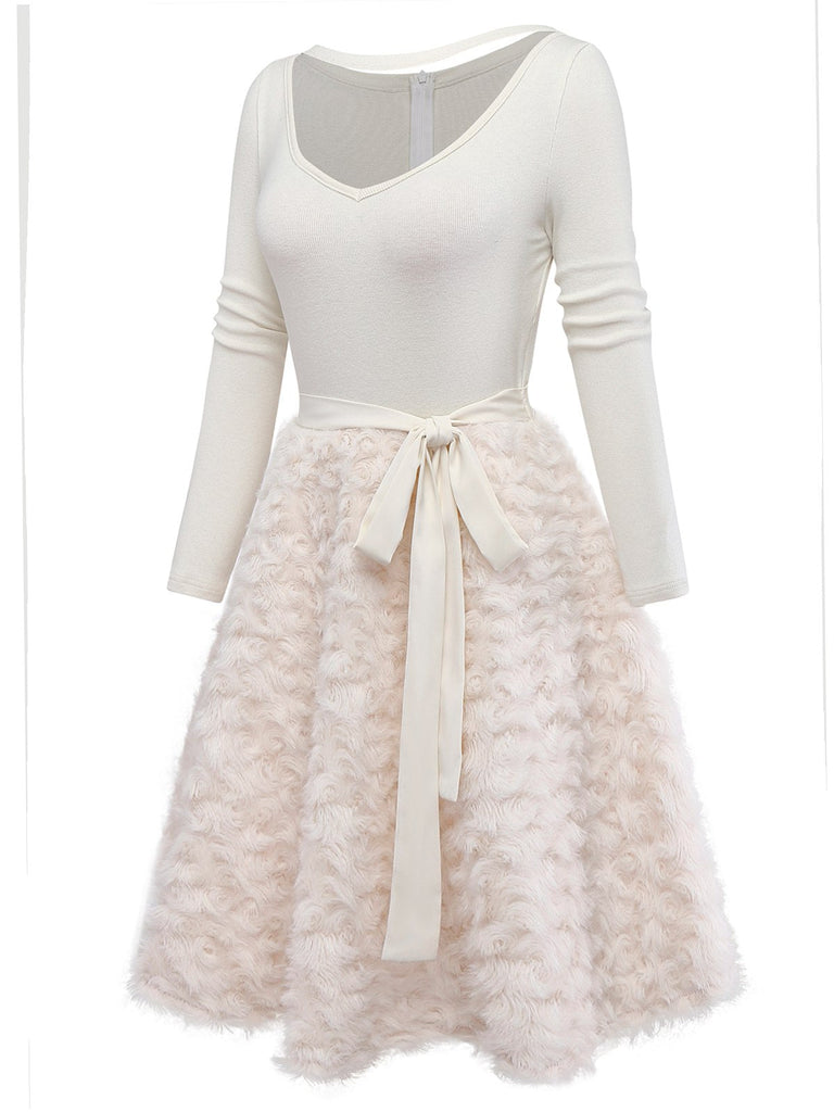 [Vorverkauf] Beige 1950er Schlüsselloch Bogen Stricken Plüsch Kleid