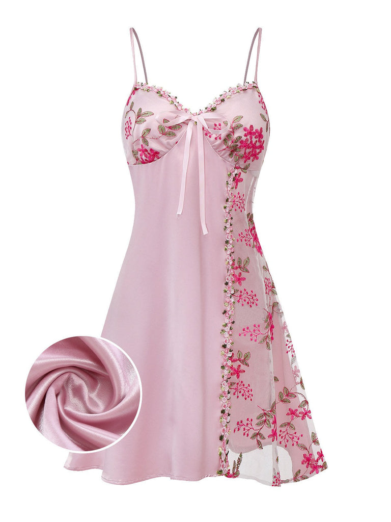 [Vorverkauf] Rosa 1950er Stickerei Blumen Netz Satin Nachthemd