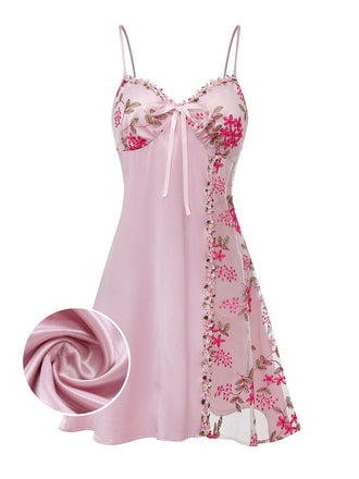 [Vorverkauf] Rosa 1950er Stickerei Blumen Netz Satin Nachthemd