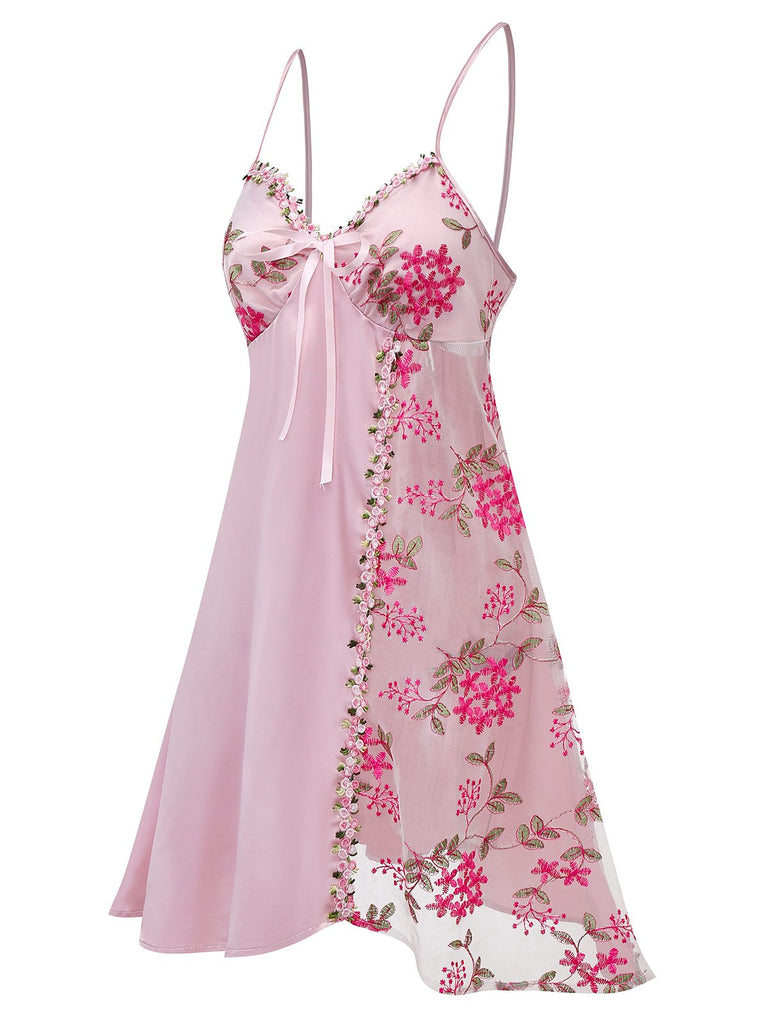 [Vorverkauf] Rosa 1950er Stickerei Blumen Netz Satin Nachthemd