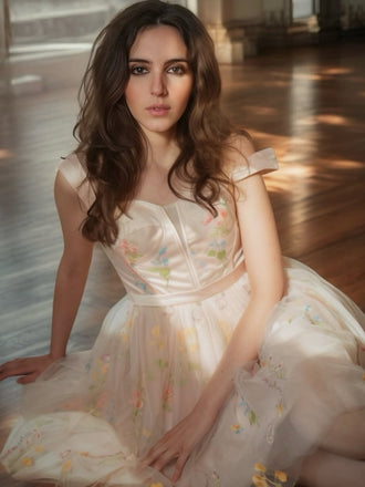 Beige 1970er Besticktes Blumen Spitze Mini Kleid