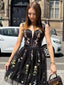 Schwarz 1970er Besticktes Blumen Spitze Mini Kleid