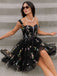 Schwarz 1970er Besticktes Blumen Spitze Mini Kleid