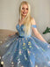 Hellblau 1970er Besticktes Blumen Spitze Mini Kleid