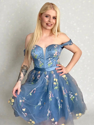 Hellblau 1970er Besticktes Blumen Spitze Mini Kleid