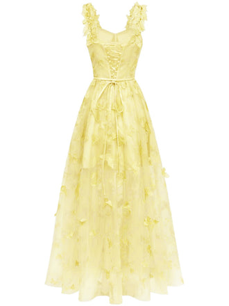 Gelb 1930er Spaghetti Träger 3D Schmetterlinge Netz Maxi Kleid