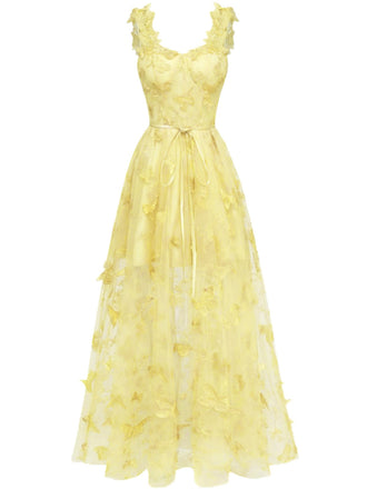 Gelb 1930er Spaghetti Träger 3D Schmetterlinge Netz Maxi Kleid