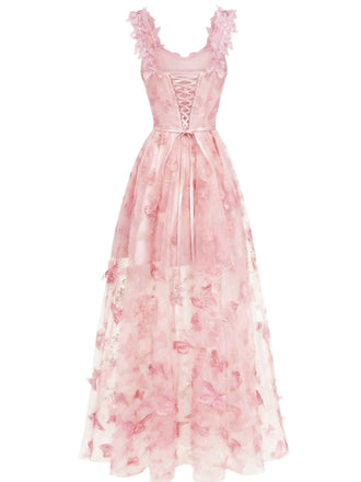 Rosa 1930er Spaghetti Träger 3D Schmetterlinge Netz Maxi Kleid