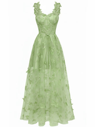 Grün 1930er Spaghetti Träger 3D Schmetterlinge Netz Maxi Kleid