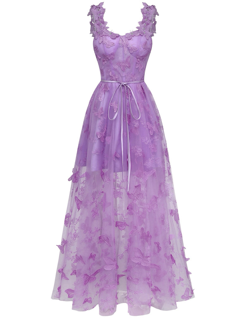 Grün 1930er Spaghetti Träger 3D Schmetterlinge Netz Maxi Kleid