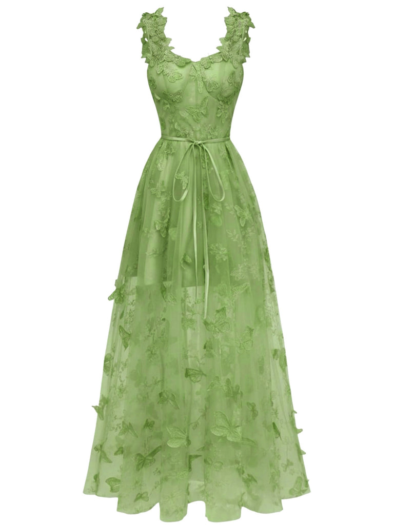 1930er Spaghetti Träger 3D Schmetterlinge Netz Maxi Kleid