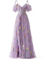 Lila 1970er Slip Blumen Besticktes Netz Schlitz Kleid