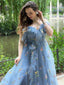 Blau 1970er Slip Blumen Besticktes Netz Schlitz Kleid