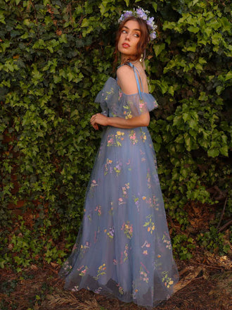 Blau 1970er Slip Blumen Besticktes Netz Schlitz Kleid