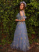 Blau 1970er Slip Blumen Besticktes Netz Schlitz Kleid