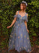 Blau 1970er Slip Blumen Besticktes Netz Schlitz Kleid