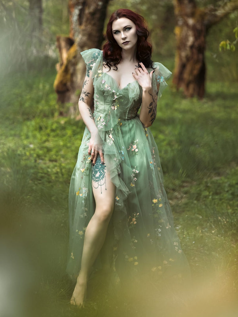 Grün 1970er Slip Blumen Besticktes Netz Schlitz Kleid