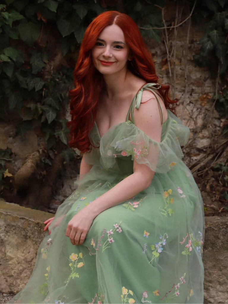 Grün 1970er Slip Blumen Besticktes Netz Schlitz Kleid