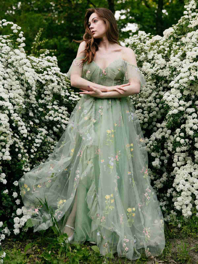 Grün 1970er Slip Blumen Besticktes Netz Schlitz Kleid
