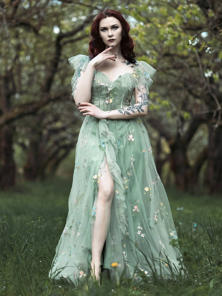 Grün 1970er Slip Blumen Besticktes Netz Schlitz Kleid