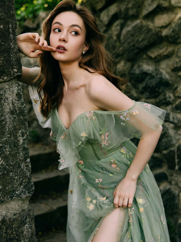 Grün 1970er Slip Blumen Besticktes Netz Schlitz Kleid