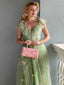 Grün 1970er Slip Blumen Besticktes Netz Schlitz Kleid