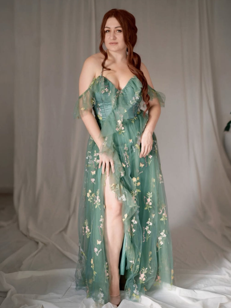 Olivgrün 1970er Slip Blumen Besticktes Netz Schlitz Kleid
