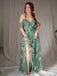 Olivgrün 1970er Slip Blumen Besticktes Netz Schlitz Kleid