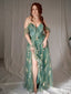 Olivgrün 1970er Slip Blumen Besticktes Netz Schlitz Kleid