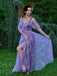 Lila 1970er Slip Blumen Besticktes Netz Schlitz Kleid