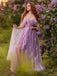 Lila 1970er Slip Blumen Besticktes Netz Schlitz Kleid