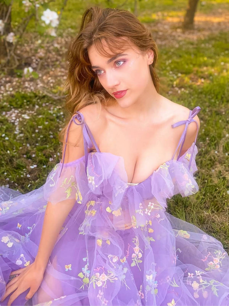 Lila 1970er Slip Blumen Besticktes Netz Schlitz Kleid