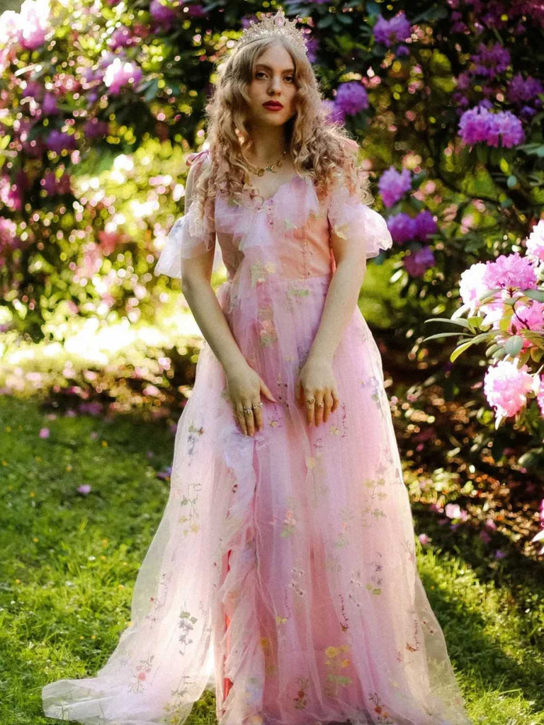 Rosa 1970er Slip Blumen Besticktes Netz Schlitz Kleid