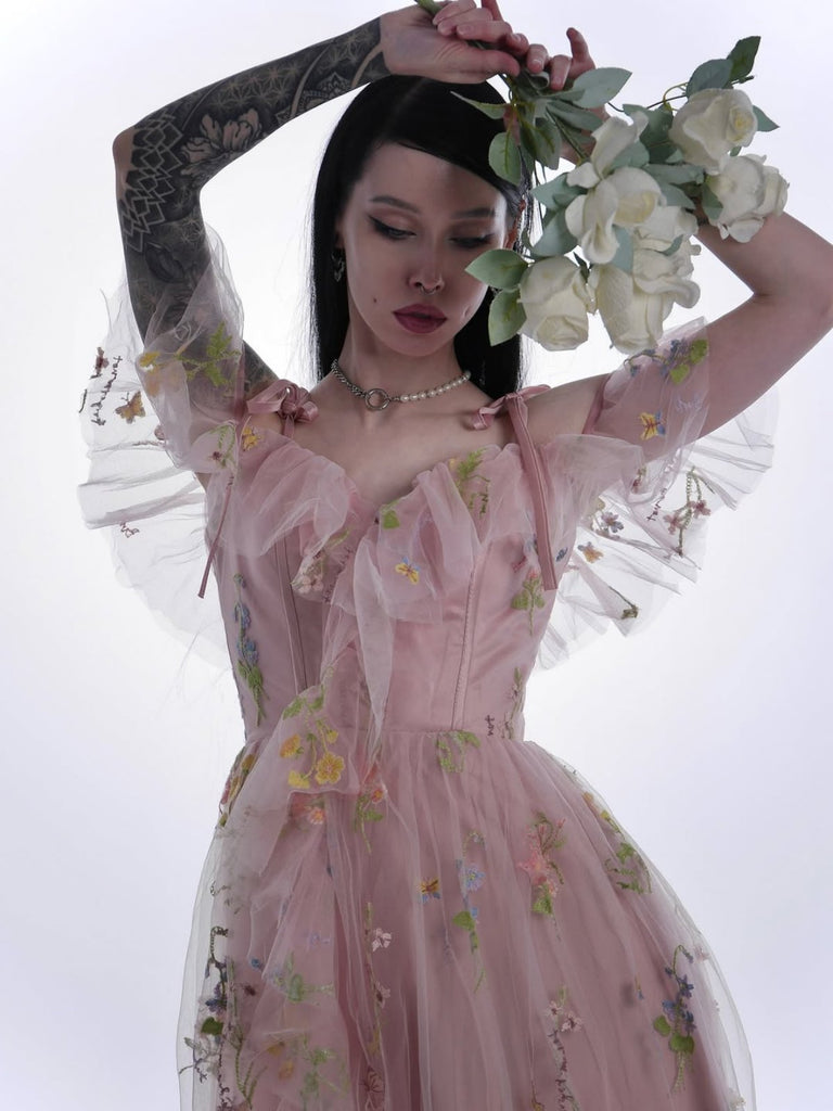 Rosa 1970er Slip Blumen Besticktes Netz Schlitz Kleid