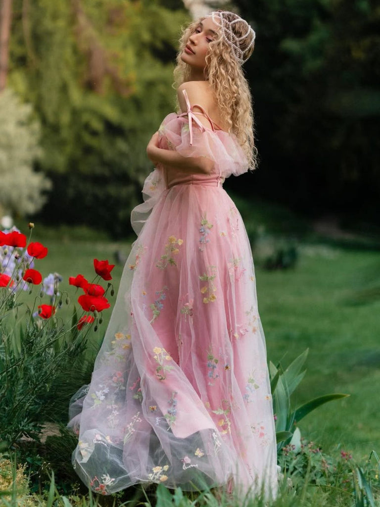 Rosa 1970er Slip Blumen Besticktes Netz Schlitz Kleid