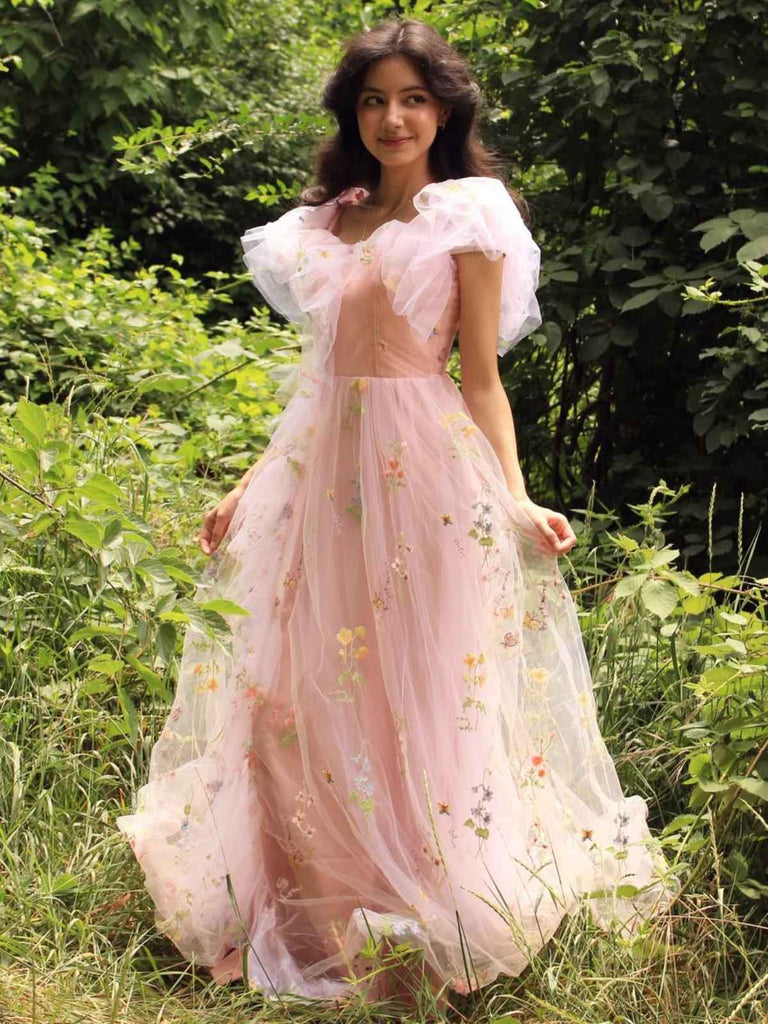 Rosa 1970er Slip Blumen Besticktes Netz Schlitz Kleid