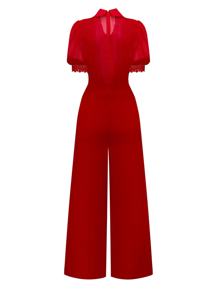 1950er Solide Revers Blumen Spitze Bindekragen Jumpsuit