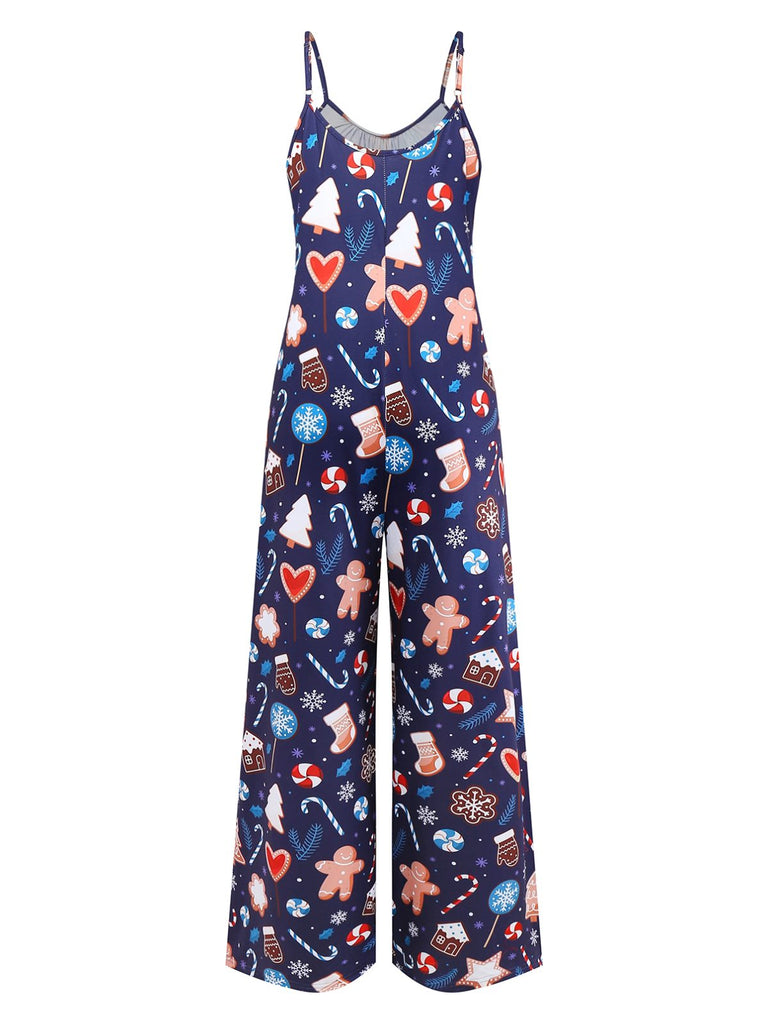 Blau 1930er Weihnachten Elemente Gedruckt Träger Jumpsuit