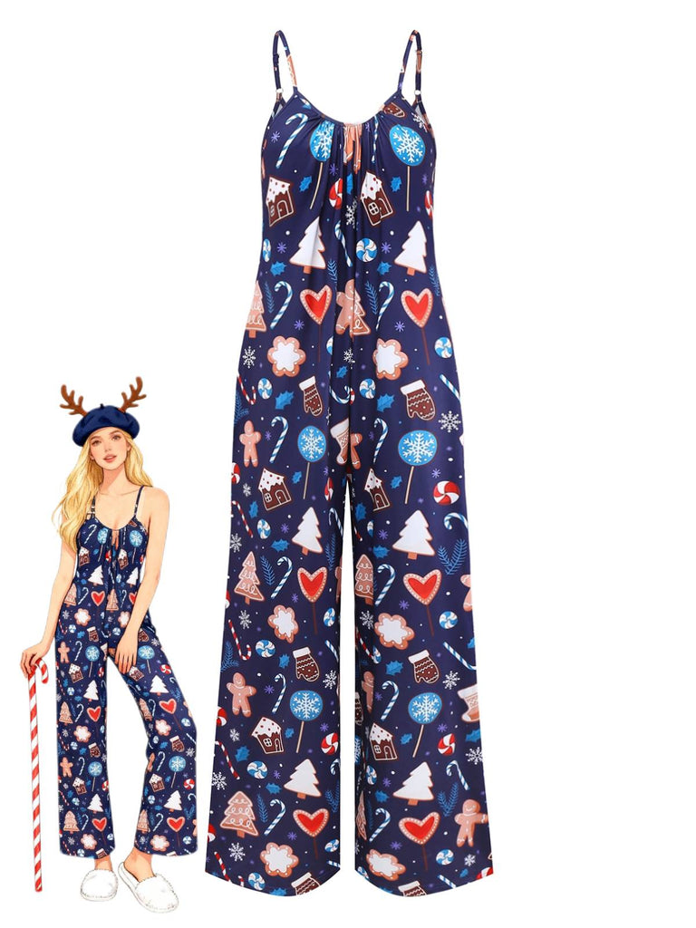 Blau 1930er Weihnachten Elemente Gedruckt Träger Jumpsuit