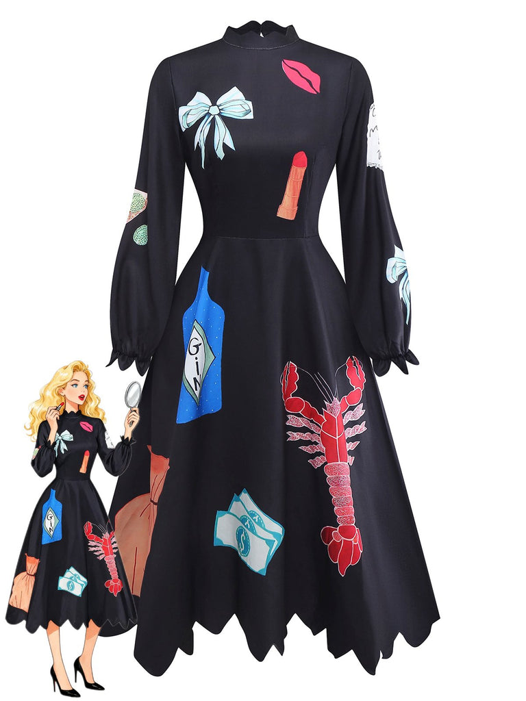 Schwarz 1950er Hummer Zickzack Hals Laternenärmel Kleid