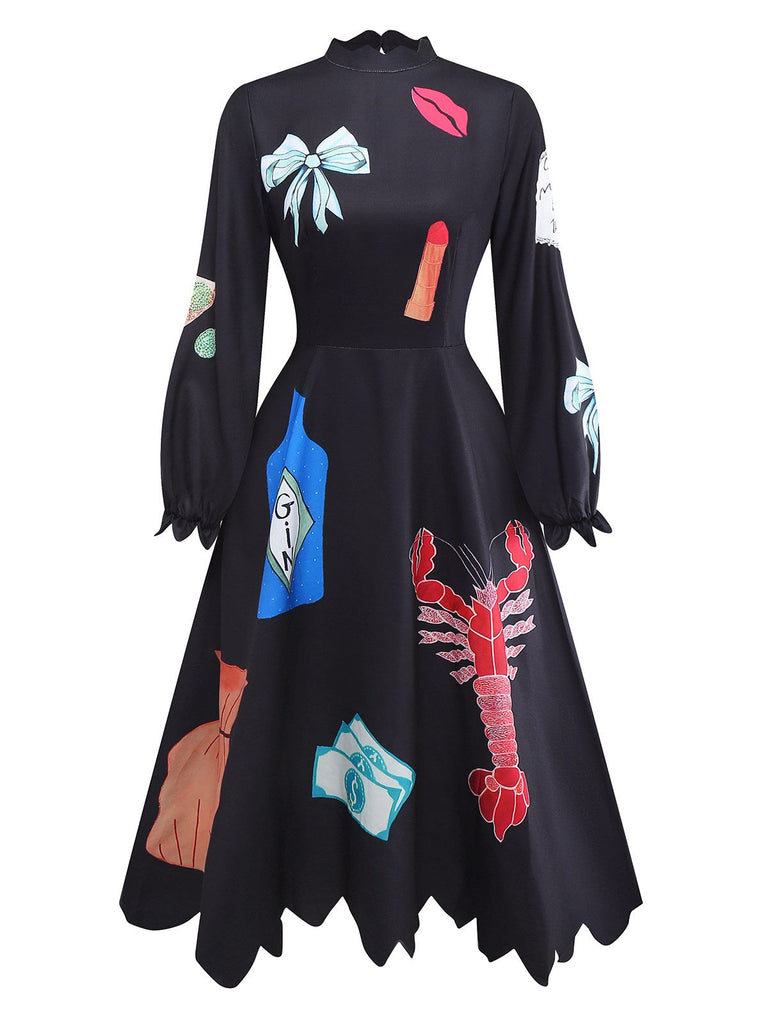 Schwarz 1950er Hummer Zickzack Hals Laternenärmel Kleid