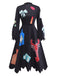 Schwarz 1950er Hummer Zickzack Hals Laternenärmel Kleid