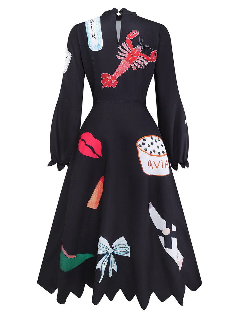 Schwarz 1950er Hummer Zickzack Hals Laternenärmel Kleid