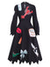 Schwarz 1950er Hummer Zickzack Hals Laternenärmel Kleid