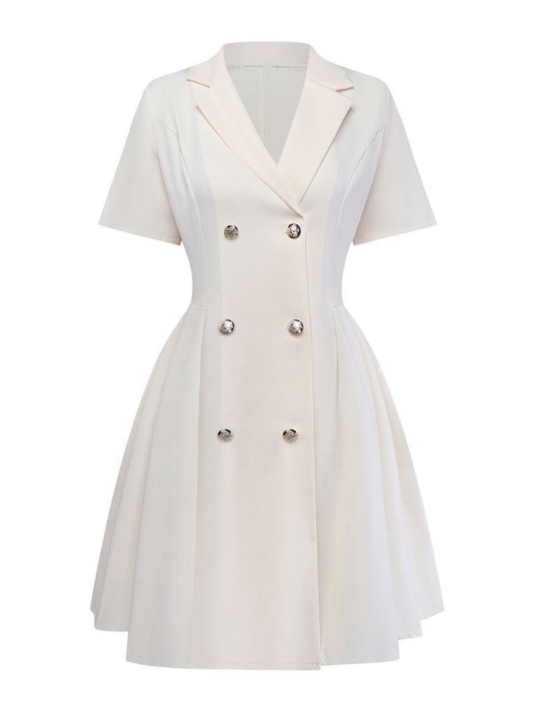 Beige 1970er Zweireihig Revers Plissiertes Kleid