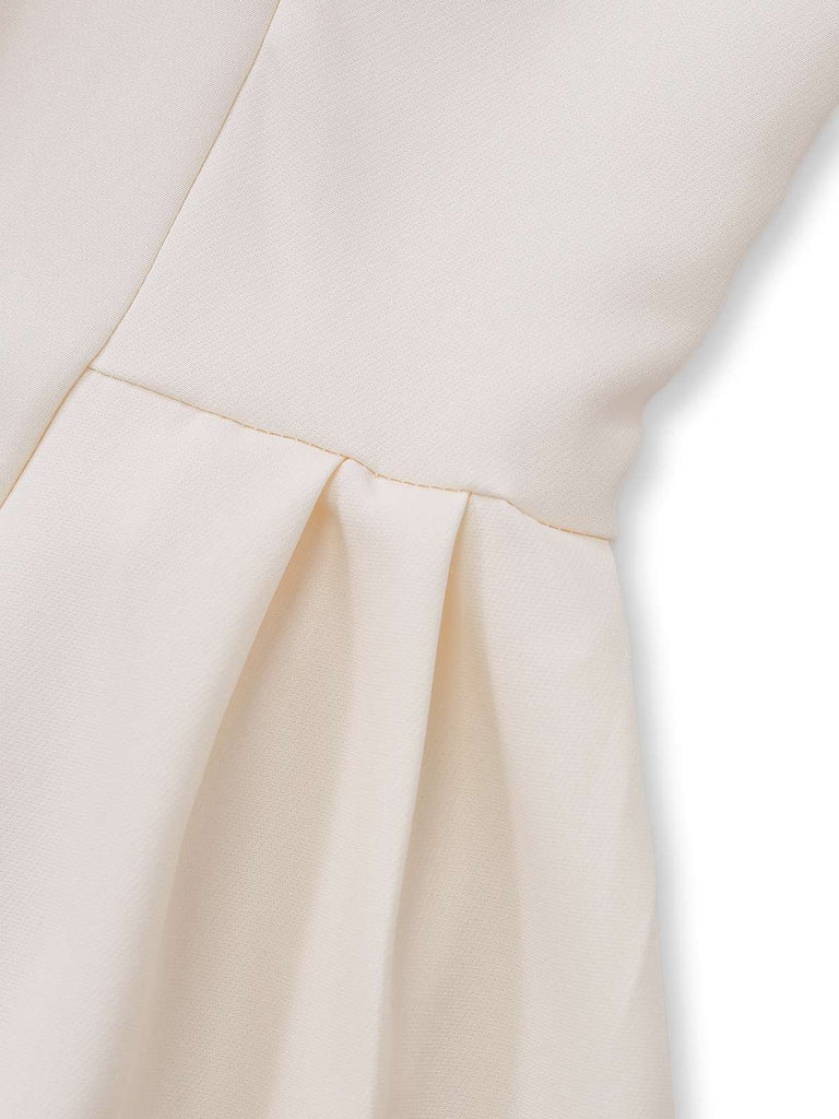 Beige 1970er Zweireihig Revers Plissiertes Kleid