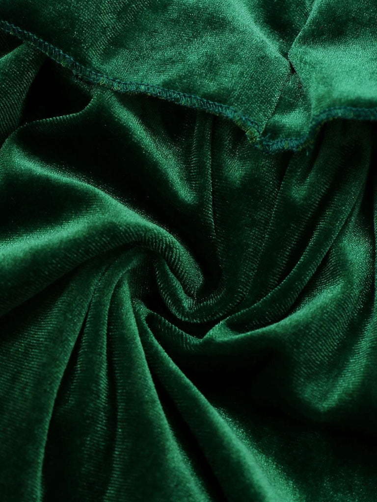 Grün 1960er Samt Bogen Stehkragen Abgestuft Kleid